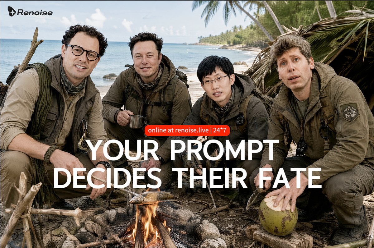 Renoise Live contestants gathered around a campfire on a tropical island